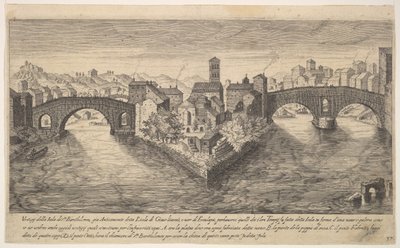 Ilustração 37: vista da igreja de San Bartolomeo allIsola na Ilha Tiberina, Roma, ladeada por ..., 1606. de Aegidius Sadeler II