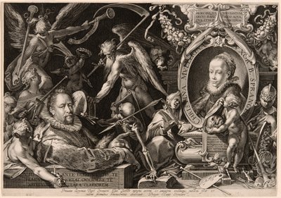 Retrato de Bartolomaeus Spranger com uma alegoria da morte da sua mulher, Christina Müller de Aegidius Sadeler II