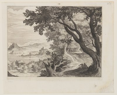 Paisagem de rio com duas pessoas sentadas debaixo de uma árvore de Aegidius Sadeler II