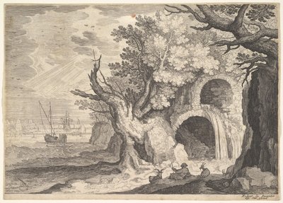 Aqueduto em ruínas com água derramando dele para um riacho abaixo, navios no mar além, a ..., ca. 1600 de Aegidius Sadeler II