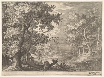 Cena da floresta com margens pantanosas, dois homens e um cão de perfil à esquerda, dois pescoços compridos..., ca. 1600. de Aegidius Sadeler II