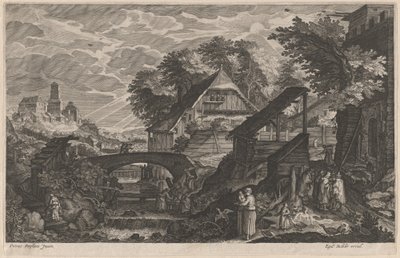Casas de fazenda à beira de um rio com uma cidade além de Aegidius Sadeler II after Pieter Stevens