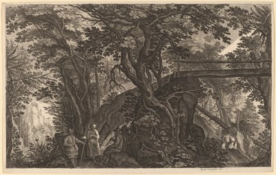 Paisagem da floresta com dois homens e uma mulher descansando perto de uma ponte de Aegidius Sadeler II after Pieter Stevens