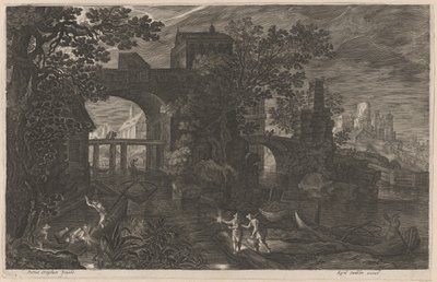 Pesca noturna perto de pontes fortificadas de Aegidius Sadeler II after Pieter Stevens