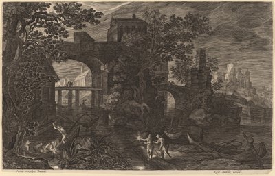 Paisagem noturna com pescadores do rio fora das muralhas da cidade de Aegidius Sadeler II after Pieter Stevens