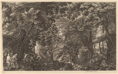 Paisagem fluvial com um caçador de patos de Aegidius Sadeler II after Pieter Stevens