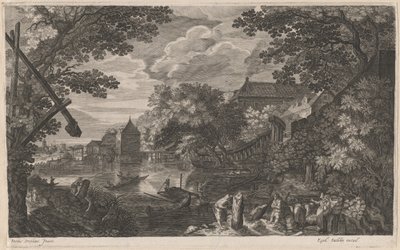 Riverscape com pescadores por uma cidade fortificada de Aegidius Sadeler II after Pieter Stevens