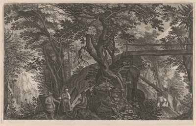 Viajantes descansando em uma floresta de montanha por uma ponte de madeira de Aegidius Sadeler II after Pieter Stevens