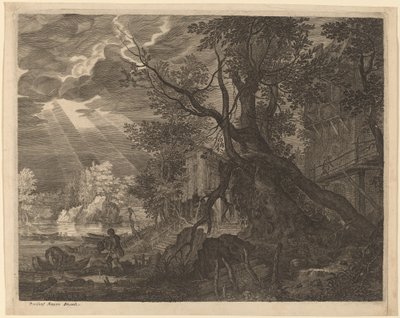 Paisagem com homens pescando ao luar de Aegidius Sadeler II after Roelandt Savery