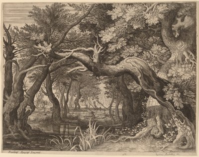 Caça ao veado perto de uma piscina de Aegidius Sadeler II after Roelandt Savery