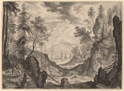 Cena da floresta com uma cachoeira de Aegidius Sadeler II after Roelandt Savery