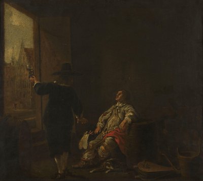 Tabuleta de uma loja de vinhos, com degustação do vinho de um lado e barril do vinho do outro de Aelbert Cuyp (circle of)