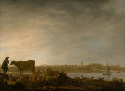 Vista de Vianen com um pastor e gado junto a um rio, c.1643-45 (óleo sobre painel) de Aelbert Cuyp