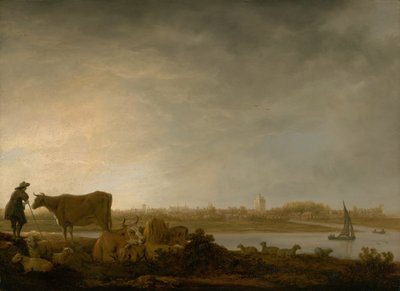 Uma vista de Vianen com um pastor e gado por um rio, c. 164345. de Aelbert Cuyp
