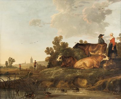 Um pastor e uma leiteira ao lado do gado, com vista para uma cidade ao longe de Aelbert Cuyp