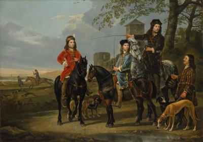 Retrato equestre de Cornelis e Michiel Pompe van Meerdervoort com seu tutor e cocheiro, começando para a caça, c.1652-53 de Aelbert Cuyp