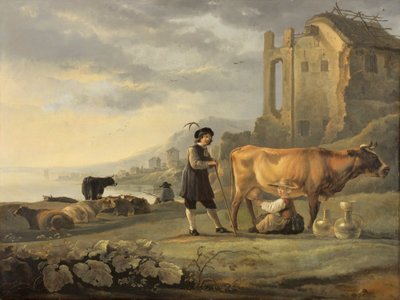 Paisagem com uma criada a ordenhar uma vaca de Aelbert Cuyp