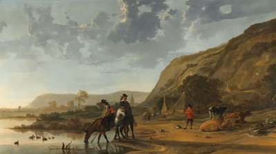 Paisagem fluvial com cavaleiros Paisagem fluvial perto de Nijmegen com cavaleiros regando seus cavalos de Aelbert Cuyp