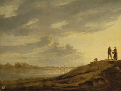 Pôr do sol sobre um rio, de 1650 (painel) de Aelbert Cuyp
