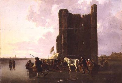 Townsfolk com trenós nos Maas congelados pelos Huis te Merwede de Aelbert Cuyp