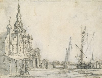 Vista do Groothoofdspoort do nordeste, Dordrecht, 1618 (giz no papel) de Aelbert Cuyp