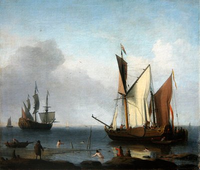 Uma pintura marinha: Gizes holandeses amarrados numa praia (óleo sobre tela) de Aernout Smit