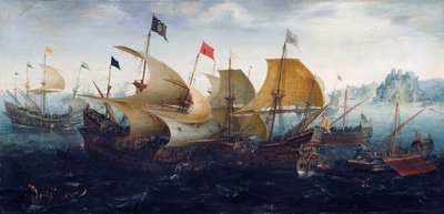 A Batalha de Cádis (Navios holandeses e ingleses atacam a Armada Espanhola) de Aert Anthoniszoon