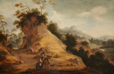 Paisagem rochosa com caçadores com trajes orientais, a conversar num caminho rochoso de Aert Jansz Marienhof