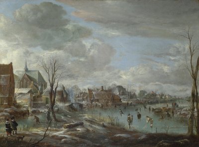 Um Rio Congelado perto de uma Aldeia, com Golfistas e Skaters, c. 1647-1648 de Aert van der Neer