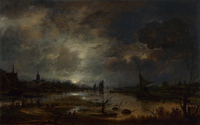 Um rio perto de uma cidade, à luz da lua, c. 1645 de Aert van der Neer