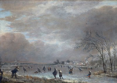Paisagem de inverno com patinadores em um rio congelado de Aert van der Neer