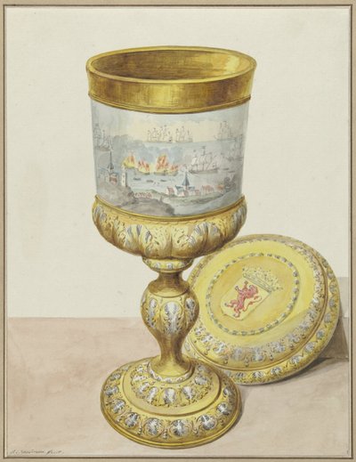 Taça de ouro com tampa, doada a Cornelis de Witt por ocasião da Viagem a Chatham, 1667 de Aert Schouman (signed by artist)