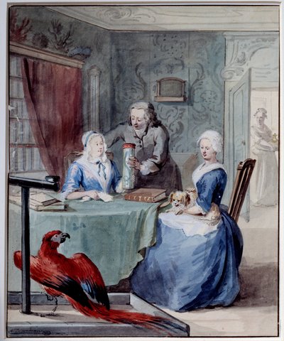 Um naturalista mostra a duas mulheres um frasco contendo uma cobra em primeiro plano, um papagaio. Aguarela de Aert Schouman (1710-1792) Sol do século XVIII. 0,24x0,2 m Paris, Musee du Louvre de Aert Schouman