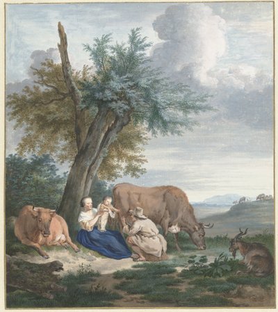 Mulher do agricultor e agricultor com filho numa paisagem com gado de Aert Schouman