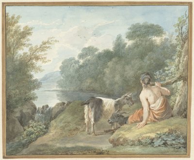 Pastora com cabras em uma paisagem com lago de Aert Schouman