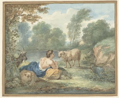 Pastora com ovelhas numa paisagem com um lago de Aert Schouman