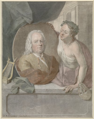 Medalhão de retrato de madeira verde francesa segurado por uma musa de Aert Schouman