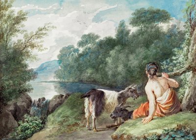Pastora com cabras numa paisagem com um lago de Aert Schouman