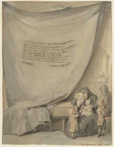 Viúva com quatro crianças perto de um caixão de Aert Schouman