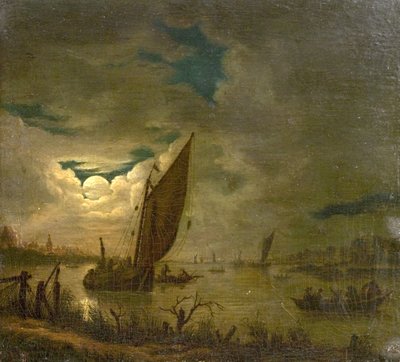 Cena do rio com Barcos e Figuras (óleo sobre madeira) de Aert van der (imitator of) Neer