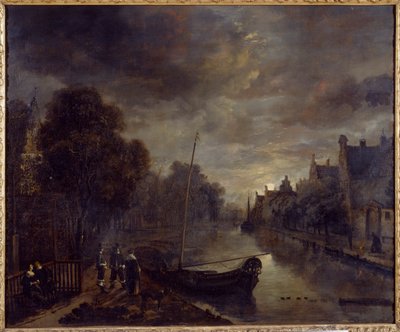 Um canal numa cidade holandesa à luz da lua (óleo sobre tela) de Aert van der Neer