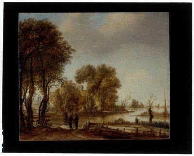 Uma paisagem fluvial com homens a conversar num trilho de Aert van der Neer