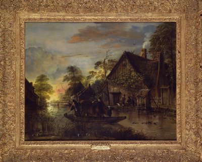 Uma paisagem do rio com camponeses transportando um touro, camponeses por uma cabana além de Aert van der Neer