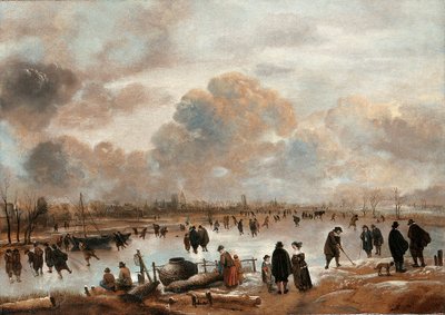 Uma paisagem de inverno com skatistas e habitantes da cidade em uma hidrovia congelada de Aert van der Neer