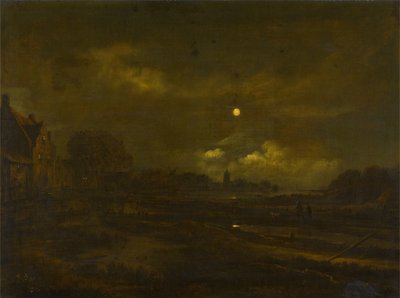 Uma paisagem fluvial ao luar com uma aldeia, um moinho de vento e uma igreja, com viajantes num caminho em primeiro plano de Aert van der Neer