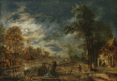 Paisagem ao luar com uma aldeia de Aert van der Neer