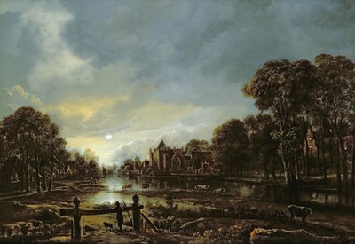 Paisagem do rio ao luar com Cottages sobre os bancos arborizados de Aert van der Neer