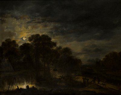 Paisagem fluvial à luz da lua, c.1623-77 (óleo sobre tela) de Aert van der Neer