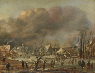 Queda de neve em uma vila ao lado de um canal congelado, 1630-77 de Aert van der Neer