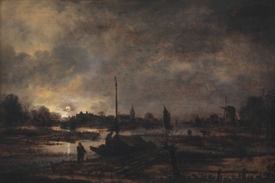 A lua nascendo sobre uma vila de Aert van der Neer